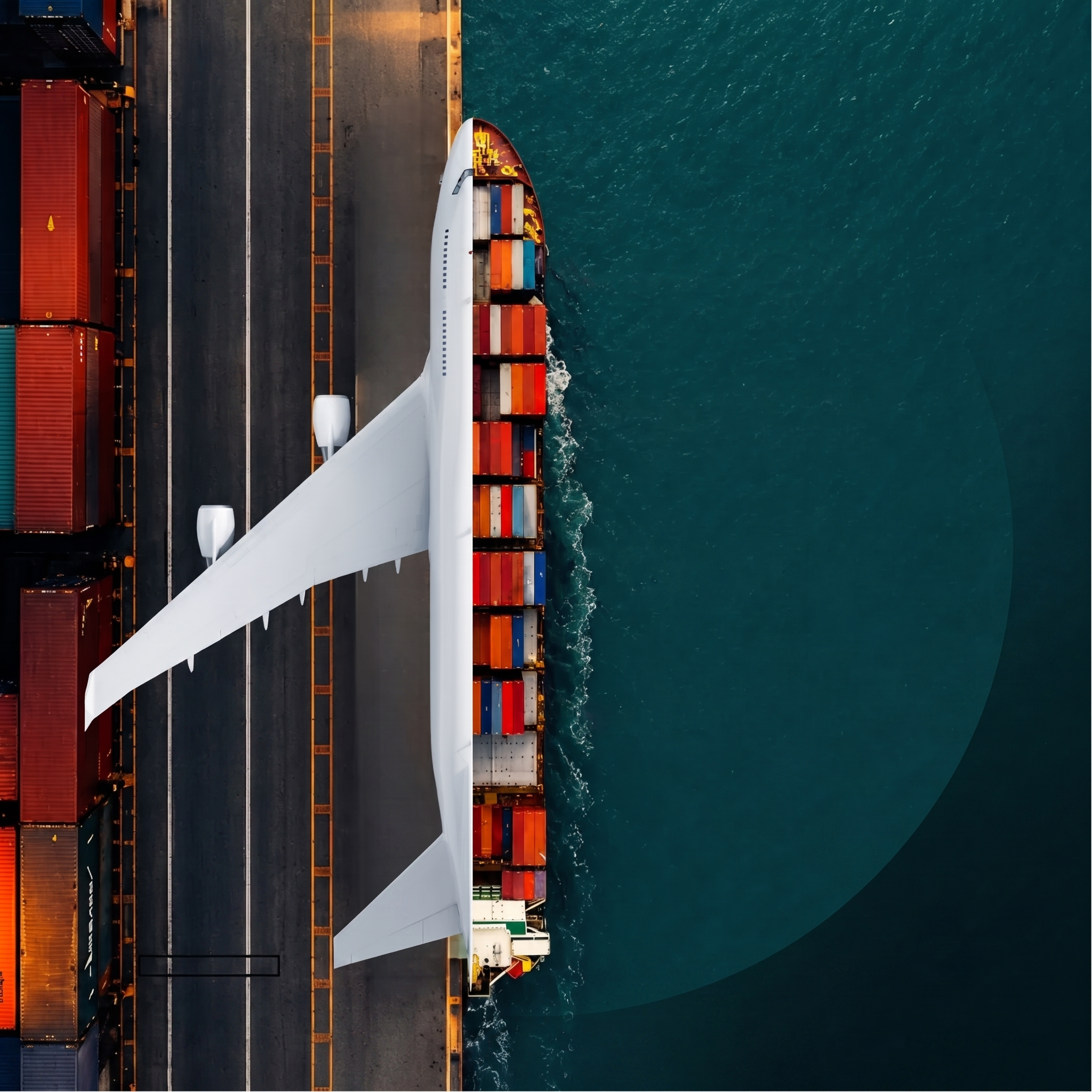 Aerial view of a cargo plane on the runway beside a container ship at sea