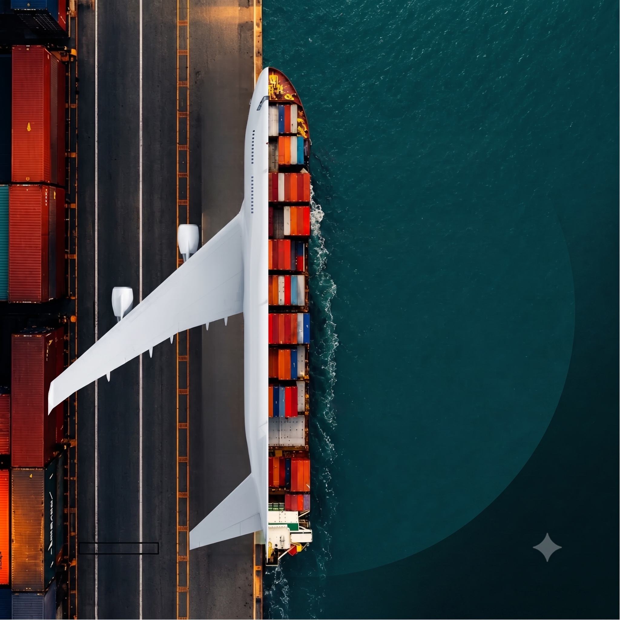 Aerial view of a cargo plane on the runway beside a container ship at sea