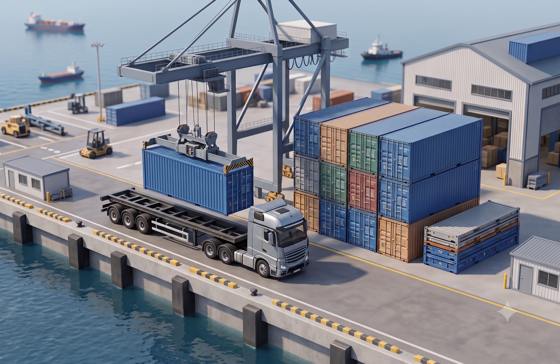 A gantry crane loading a shipping container onto a Sea Palace truck at the port terminal